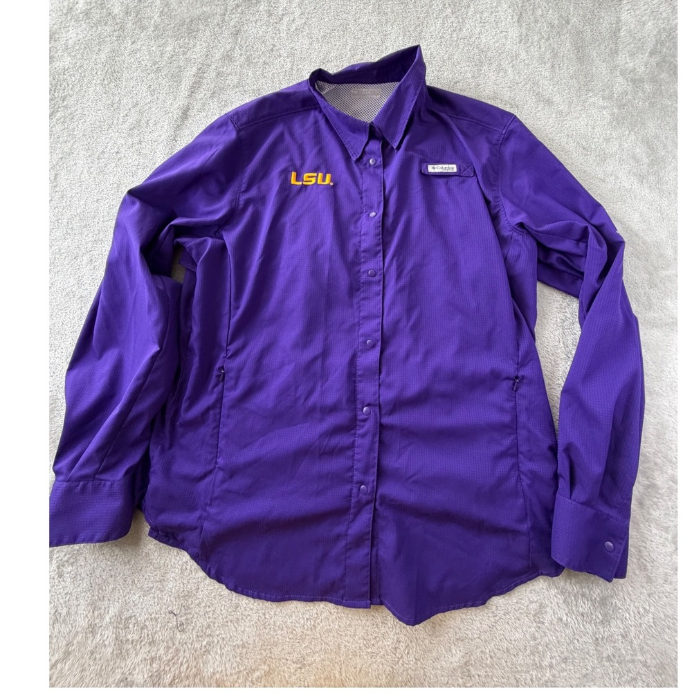 Columbia PFG Tamiami Shirt Womens XL Purple LSU Tigers Fishing Long Sleeve